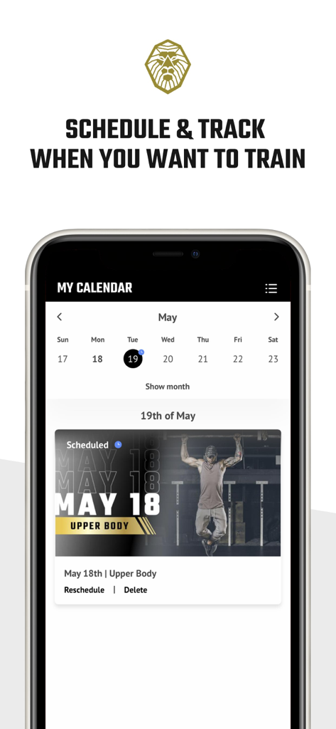 MV Fit by Michael Vazquez - A mobile interface of the MV Fit app showing a workout calendar with scheduled and completed training sessions