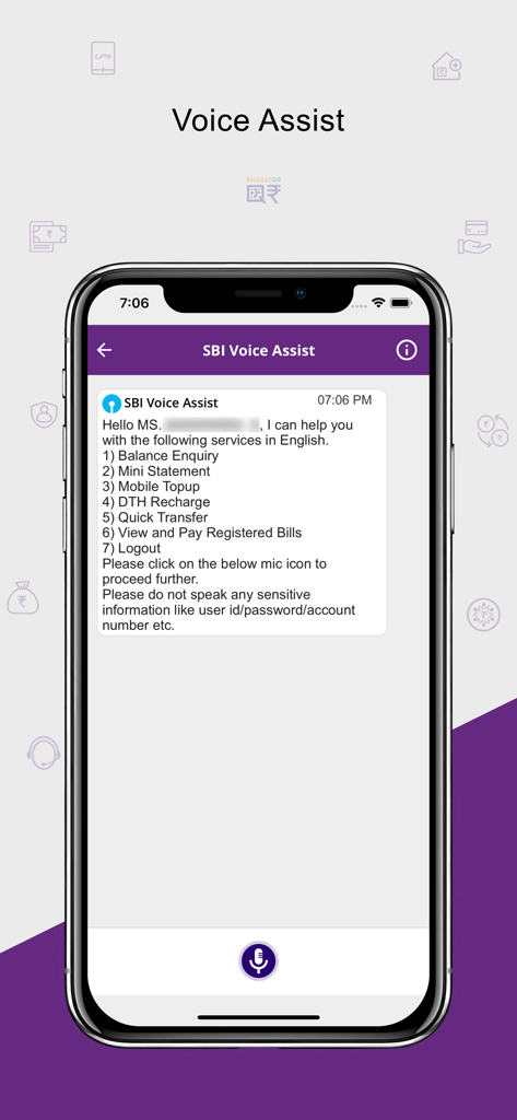 Yono Lite SBI app voice assist interface showing available banking services via voice command