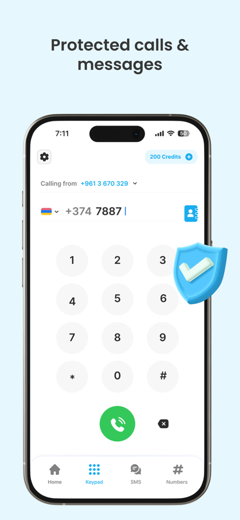 SkyTalk app dialer interface featuring a numeric keypad for protected international calls and messages
