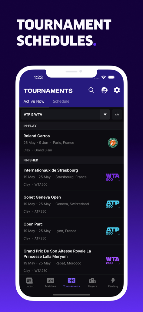 Interface of the TNNS app displaying a list of active and finished tennis tournaments like Roland Garros and ATP events