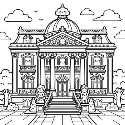 Discover the charming fusion of grandeur and cuteness with our Kawaii Beaux-Arts Mansion coloring page. This delightful template transforms classical architecture into an adorable scene, complete with smiling windows and sweet cherubs, ready for your creative touch.
