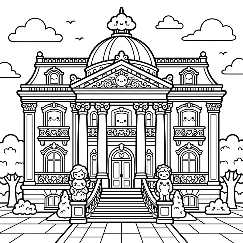 Discover the charming fusion of grandeur and cuteness with our Kawaii Beaux-Arts Mansion coloring page. This delightful template transforms classical architecture into an adorable scene, complete with smiling windows and sweet cherubs, ready for your creative touch.