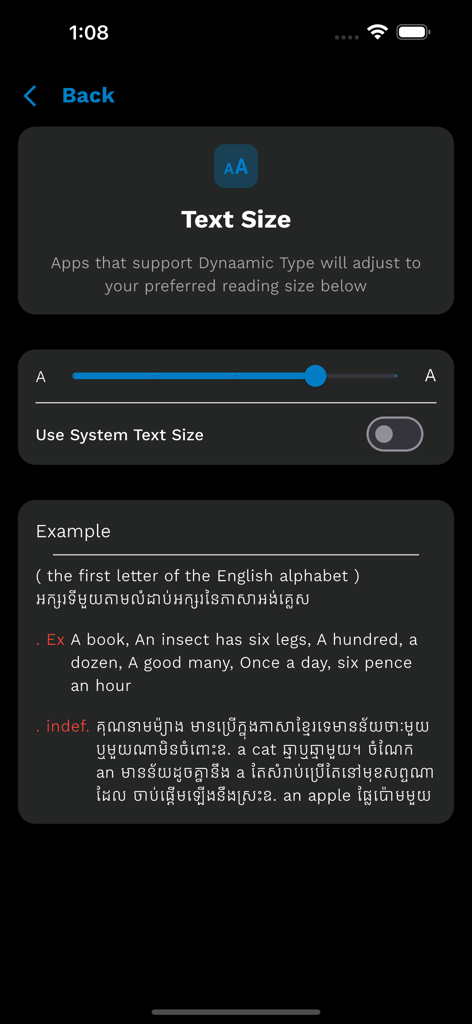 Phum Dictionary - A screen showing text size settings and a bilingual English-Khmer translation example in the Phum Dictionary app
