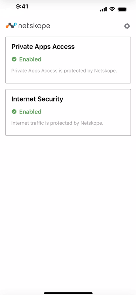 Netskope Client - Netskope Client dashboard showing Private Apps Access and Internet Security enabled