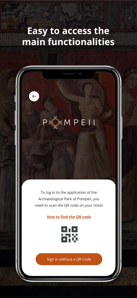 MyPompeii - MyPompeii app login screen showing the ticket QR code scanning feature for official park access