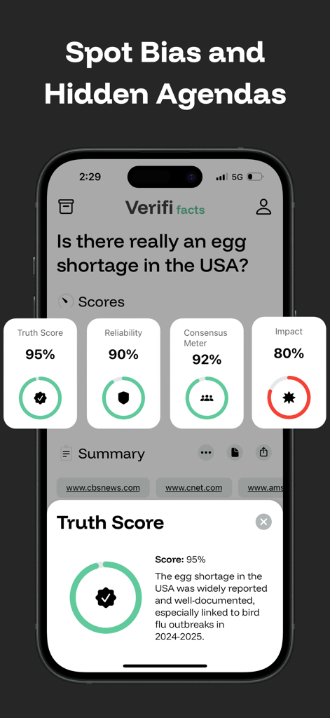 Verifi app interface displaying truth reliability and consensus scores for a news fact check.