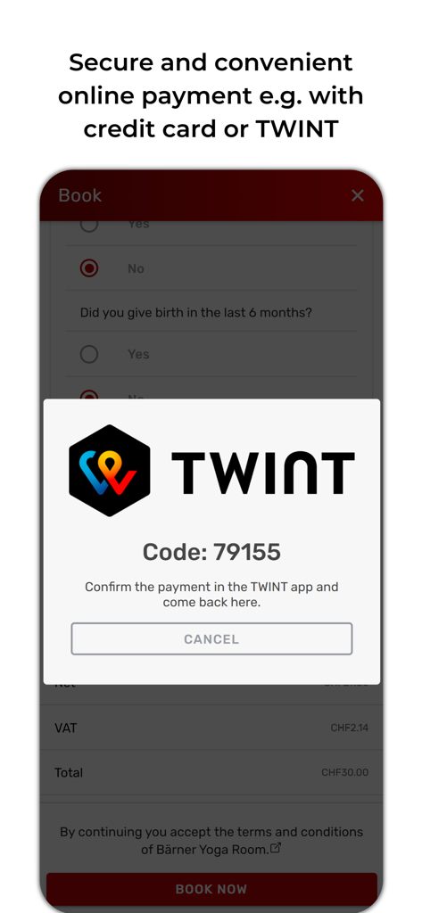 Secure payment interface on the SportsNow app showing a TWINT transaction code.