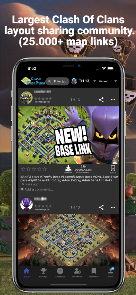 BasePedia for Clash of Clans - BasePedia app interface showing Clash of Clans base layout links and community ratings