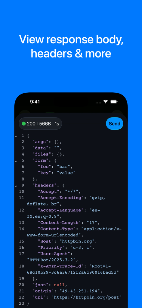 Mobile screen showing a JSON API response body and headers in HTTPBot