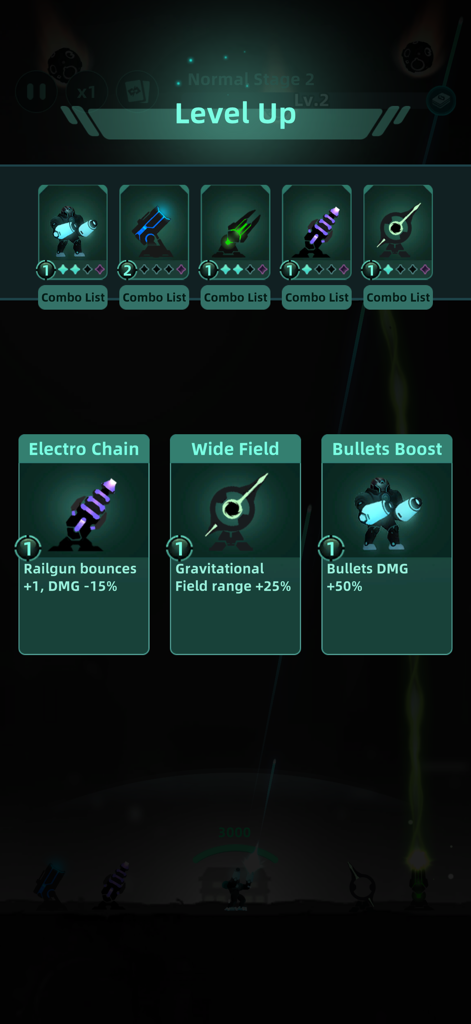 Galaxy Defense: Fortress TD - Pantalla de subida de nivel en Galaxy Defense Fortress TD mostrando tres opciones de mejora roguelike, incluyendo Cadena Eléctrica y Impulso de Balas