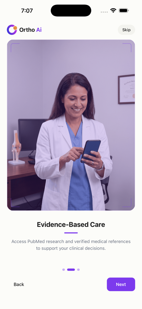 Ortho AI - AIMD - A female doctor in a white coat using the Ortho AI app on her smartphone with a description of evidence-based care and PubMed research access.
