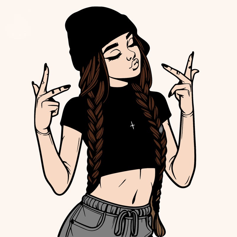 realistic teenage girl with braids and a beanie and crop top doing 🫶🏼