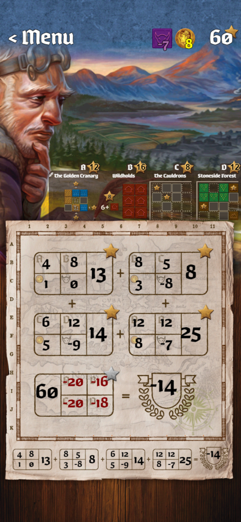 Cartographers - Écran de calcul du score final dans l'application de jeu de société numérique Cartographers montrant les points saisonniers et les valeurs des décrets.