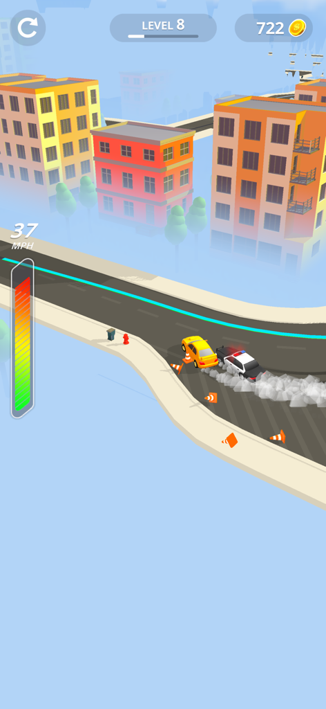 Ein gelbes Auto driftet auf einer Stadtstraße, verfolgt von einem Polizeiauto in Line Race