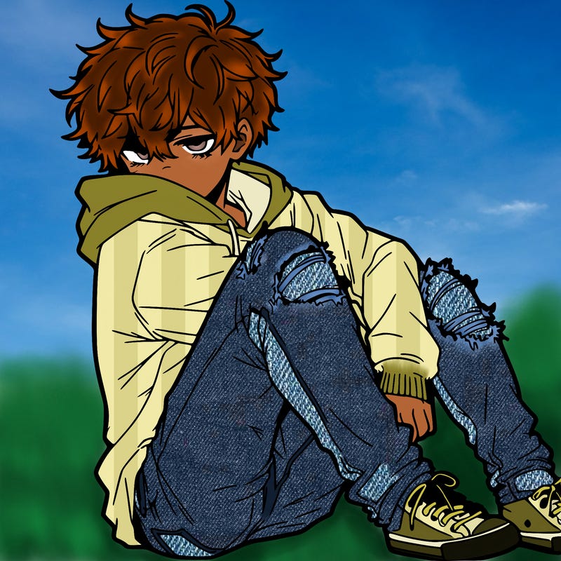 a male hoddie ripped jeans messy hair anime