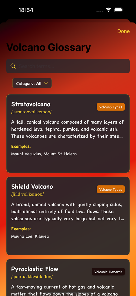 Volcano glossary screen showing definitions for stratovolcano and shield volcano