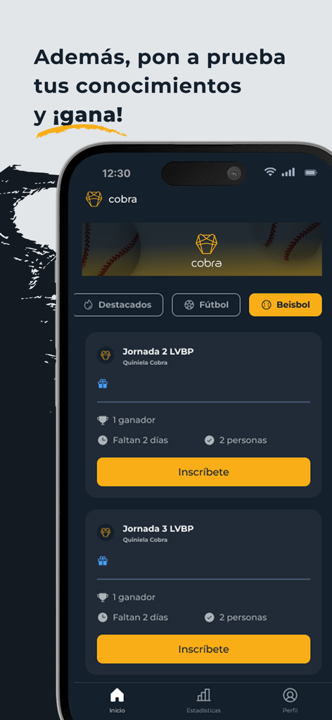 Quinielas Cobra - Quinielas Cobra app interface showing available baseball prediction pools and registration buttons for sports fans.