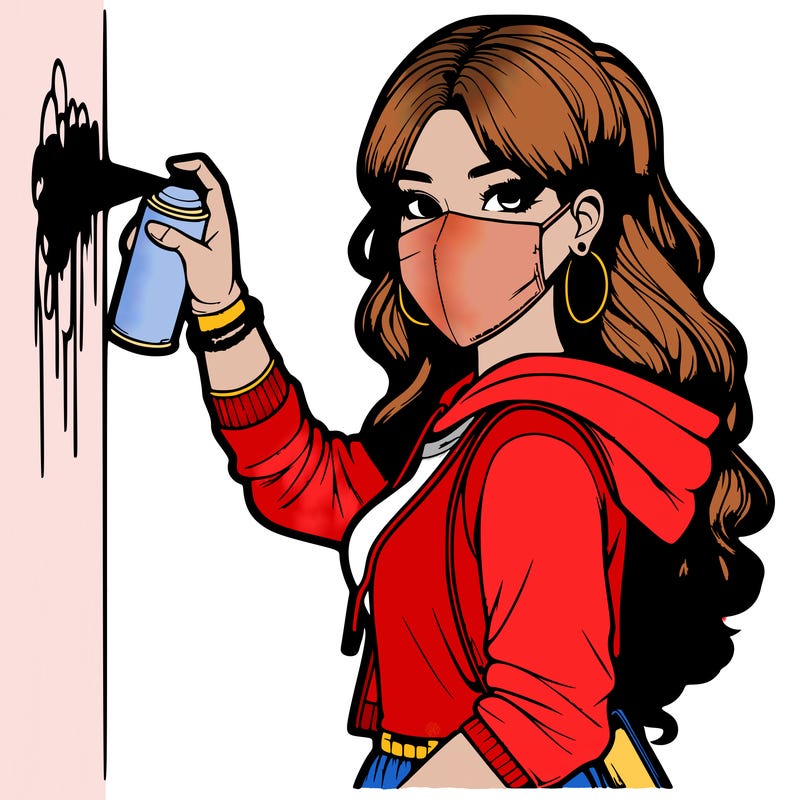 realistic girl with mask spray painting a wall