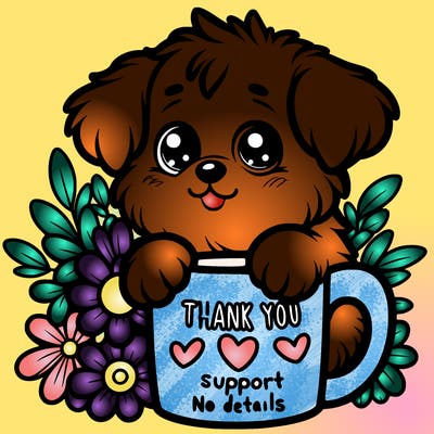 a really cute puppy holding a thank you for support mug with flowers everywhere