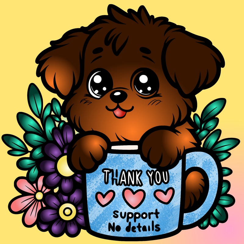 a really cute puppy holding a thank you for support mug with flowers everywhere
