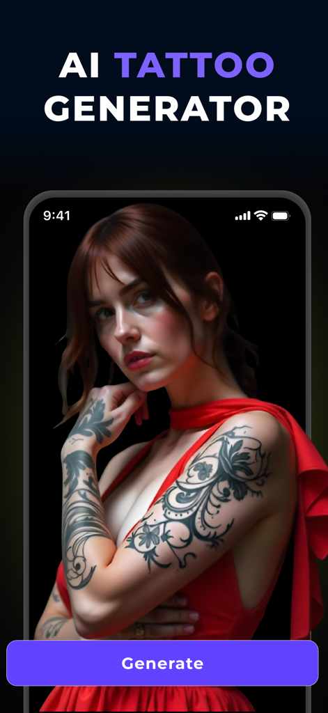 App AI Tattoo Generator che mostra una donna con design di tatuaggi digitali e un pulsante di generazione