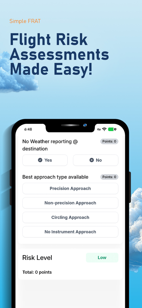 Simple FRAT - Simple FRAT mobile app screen showing flight risk assessment questionnaire and low risk level indicator
