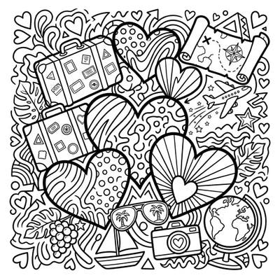 Get ready for an exciting artistic escape with this unique Pop Art Hearts Vacation coloring page! Merge your love for travel with vibrant Pop Art designs as you bring these adventurous hearts to life.