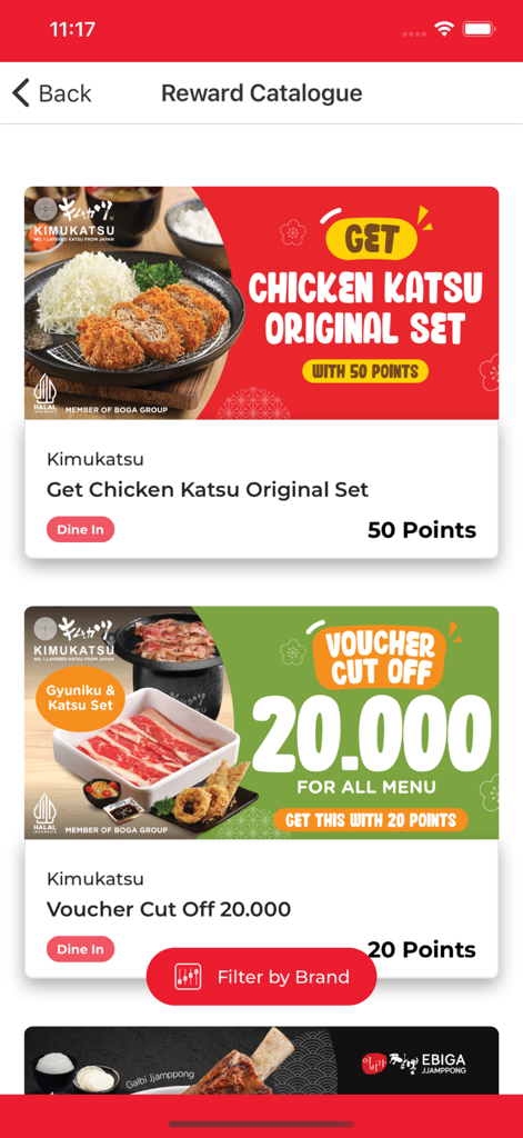 Catalogue de récompenses de l'application Boga affichant des menus et des bons d'achat à échanger contre des points de fidélité