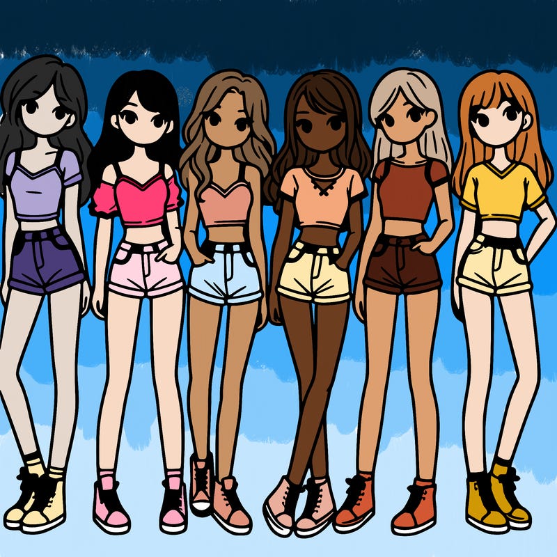 a group of girls wearing crop tops and shorts