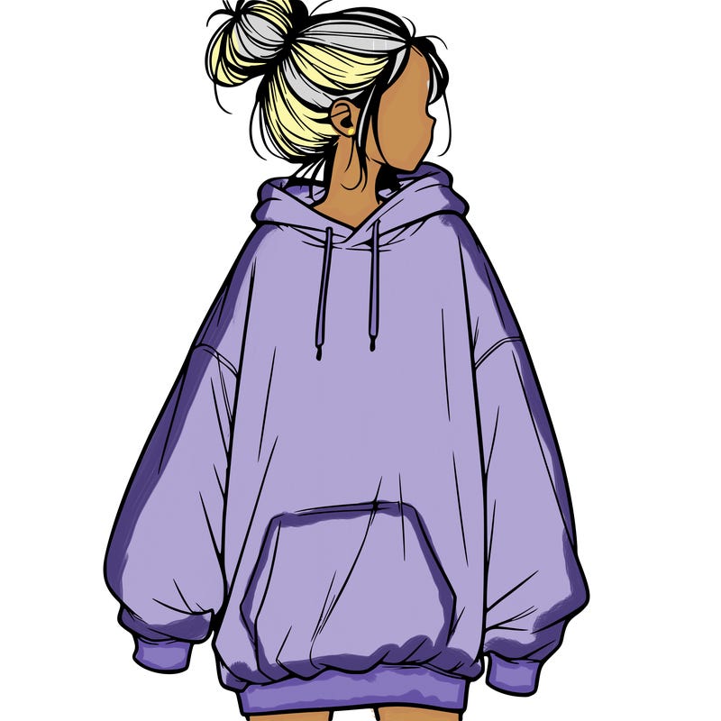realistic girl with a oversized sweatshirt on and a bun
