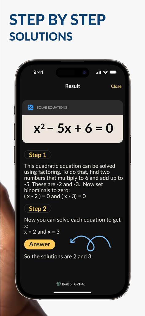 Una captura de pantalla de la aplicación Solver AI que muestra una solución paso a paso para una ecuación cuadrática usando factorización