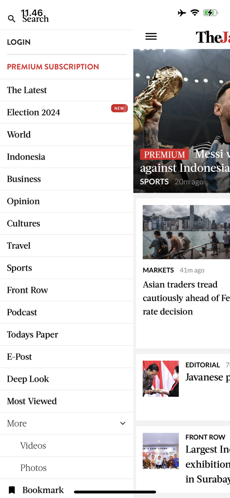 Interfaccia dell'app mobile The Jakarta Post che visualizza il menu di navigazione con categorie come Business e Opinione insieme agli articoli di notizie correnti.