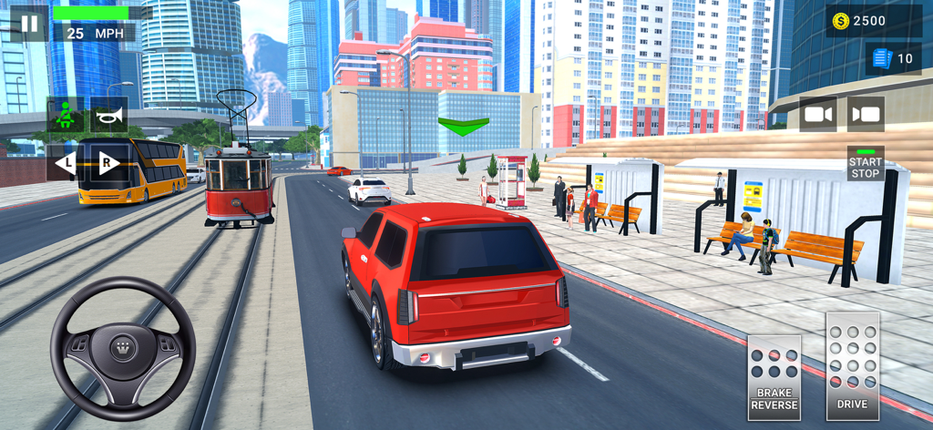 Driving Academy 2: 3D Car Game - Jugabilidad de Academia de Conducción 2 mostrando un SUV rojo conduciendo por una calle de ciudad con una parada de tranvía y autobús