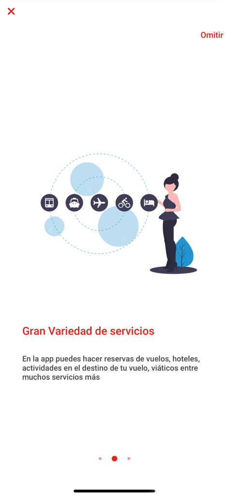 Onboarding-Bildschirm der Cocha Corp App mit verfügbaren Reisediensten wie Flügen und Hotels