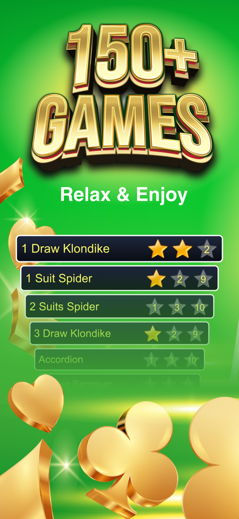 Menú principal de la Colección de Juegos de Cartas Clásicos mostrando más de 150 juegos incluyendo Klondike y Solitario Spider con calificaciones de estrellas