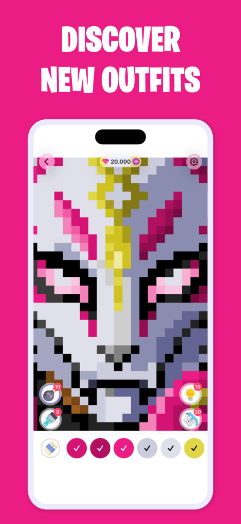 Pixelnite for Fortnite - A pixel art coloring interface in the Pixelnite app featuring a popular Fortnite character outfit with various coloring tools and a progress palette.