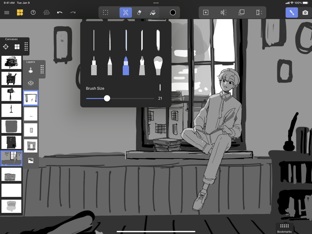 Mental Canvas Draw - Mental Canvas Draw iPad interface with brush tools and character sketch