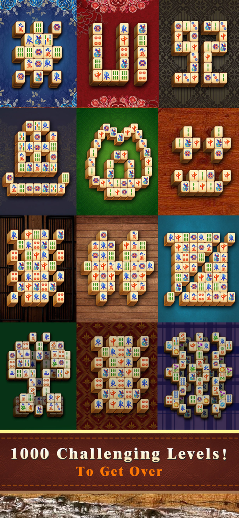Un collage que muestra doce diversos diseños de losetas de Mahjong tradicionales y niveles de juego desafiantes