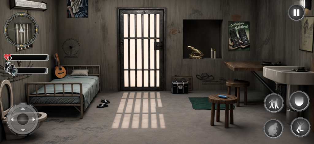 Grand Prison Escape Break Game - A 3D prison cell interior with a bed, table, and barred door in Grand Prison Escape Break Game.