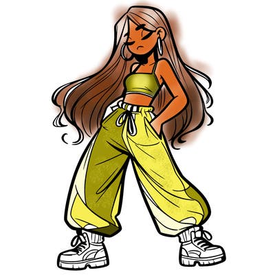 girl in baggy pants crop top and long hair