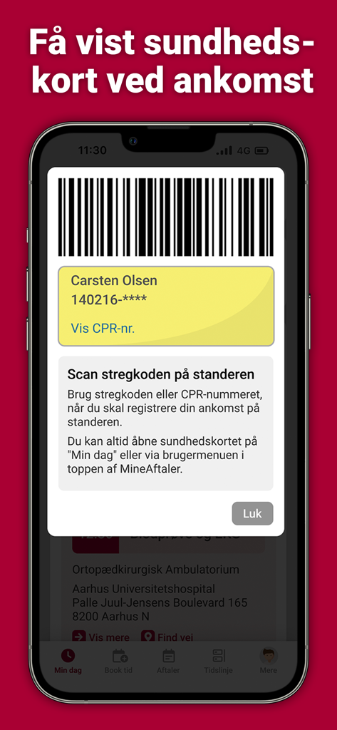 MineAftaler 앱 화면에 환자 도착 체크인을 위한 바코드가 있는 디지털 건강 카드 표시