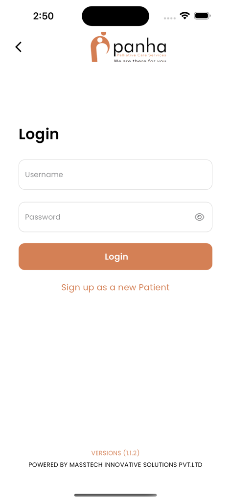 Pantalla de inicio de sesión de la aplicación Panha Palliative Care con campos de entrada de nombre de usuario y contraseña y una opción de registro para nuevos pacientes
