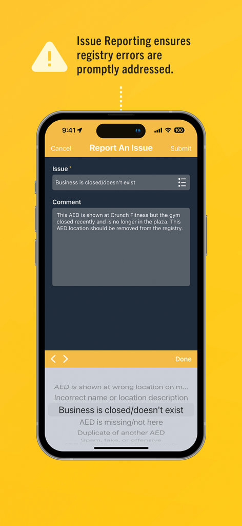 PulsePoint AED app interface for reporting registry errors to maintain accurate lifesaving equipment locations