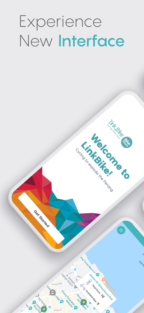 LinkBike V2 - Welcome screen of LinkBike V2 app featuring a map of bike stations in Penang and a get started button