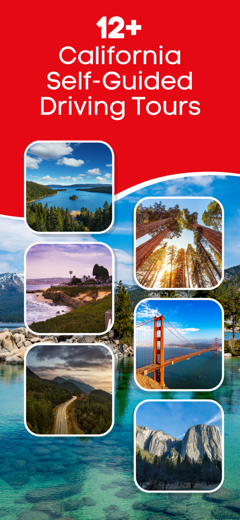 California GPS Audio Tours - Promotional screen for California GPS Audio Tours featuring iconic landmarks like the Golden Gate Bridge Yosemite and Big Sur