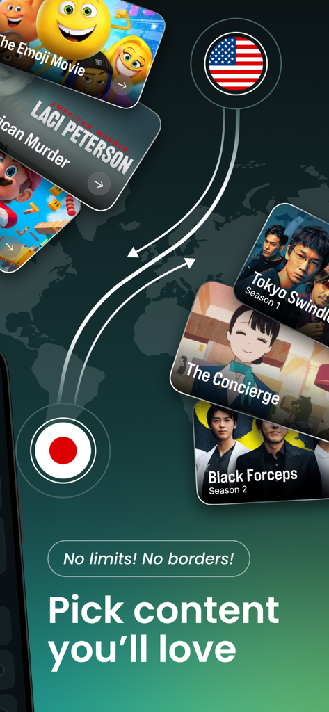 Guru VPN: Super Fast Unlimited - Interfaz de la app Guru VPN mostrando acceso a contenido global para streaming sin límites ni fronteras