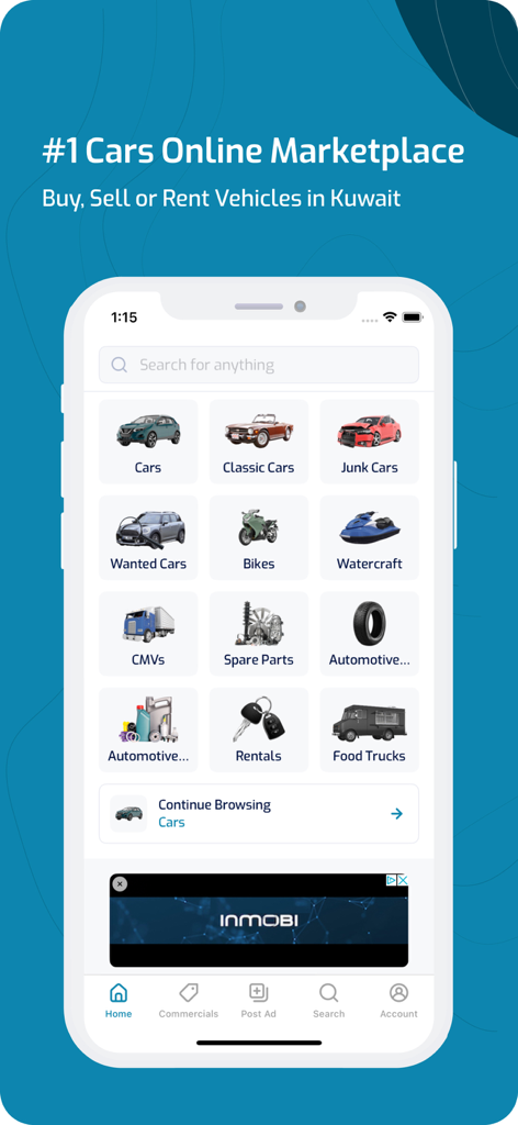 Q8Car - Q8Car mobile app home screen showing vehicle categories including cars bikes and watercraft in Kuwait