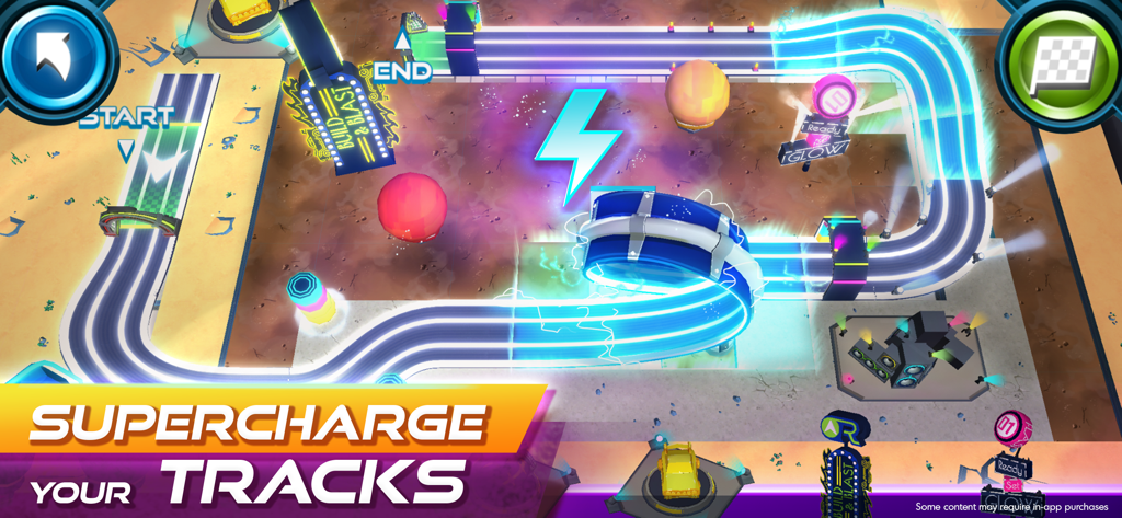 A vibrant neon racetrack with loops and decorations in the Race Craft car game