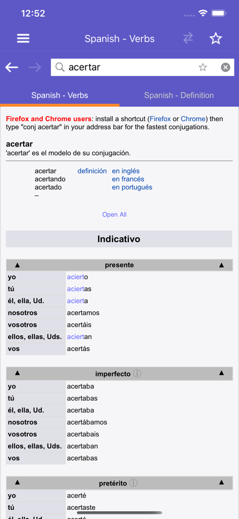 Spanish verb conjugation table for acertar in the WordReference app