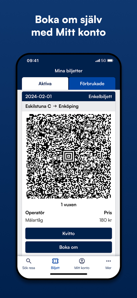 Mälardalstrafik - Mälardalstrafik mobile app displaying a digital train ticket with a scanable QR code and options to rebook.